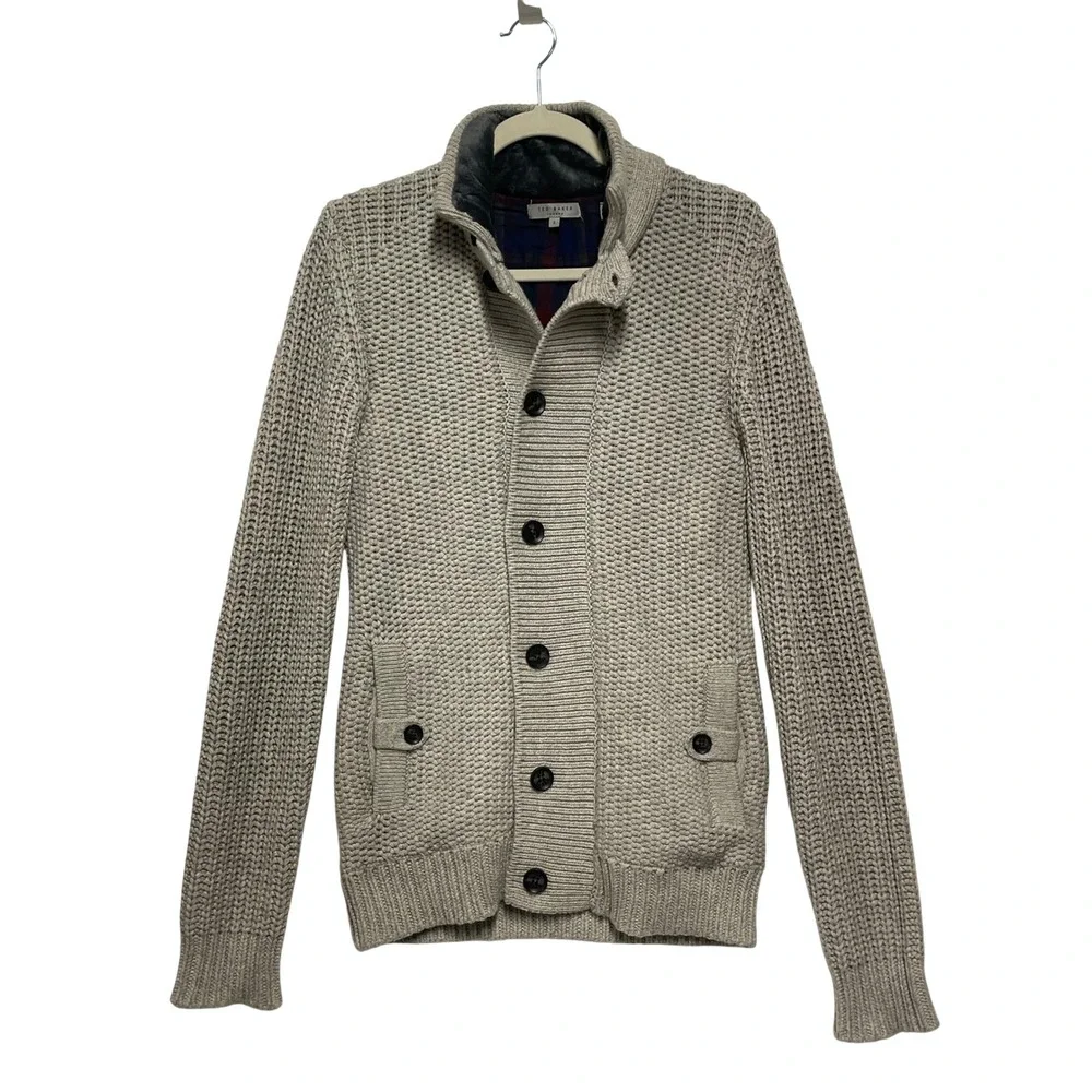 Ted Baker London Mens Tan Gray Fisherman Textured Button Up Cardigan Sweater 2 S